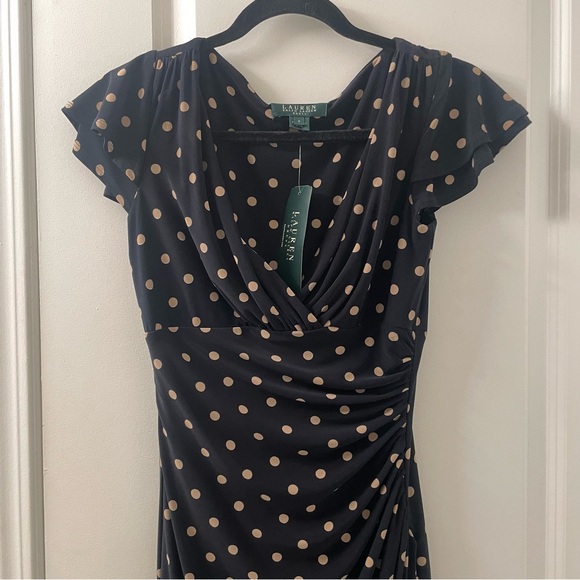 SALE! NWT Lauren Ralph Lauren Polka Dot Ruched Faux Wrap Dress V Neck Size 2 - Picture 2 of 7